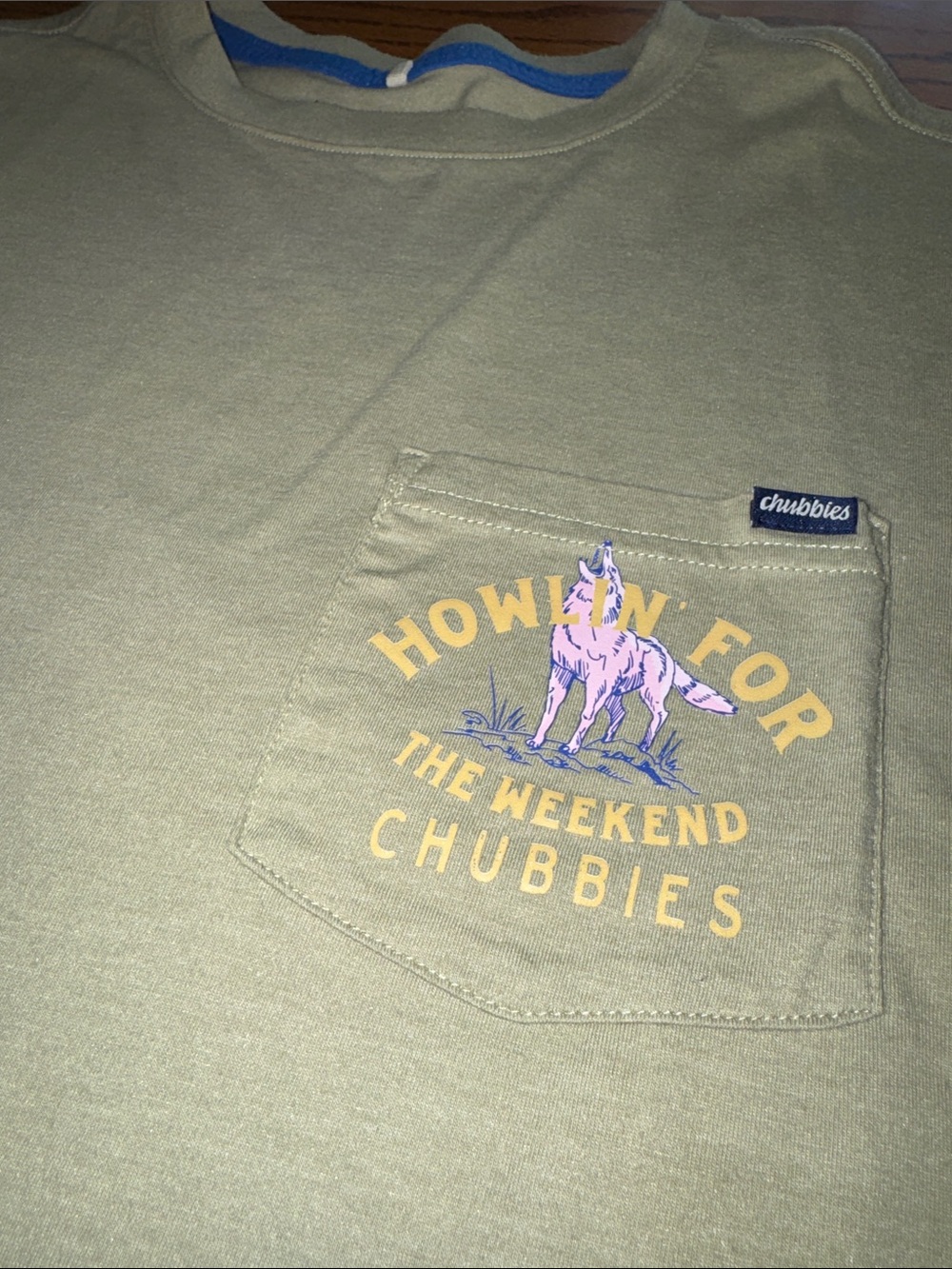 Chubbies Olive Pocket Tee with Yellow Text & Pink Wolf Graphic